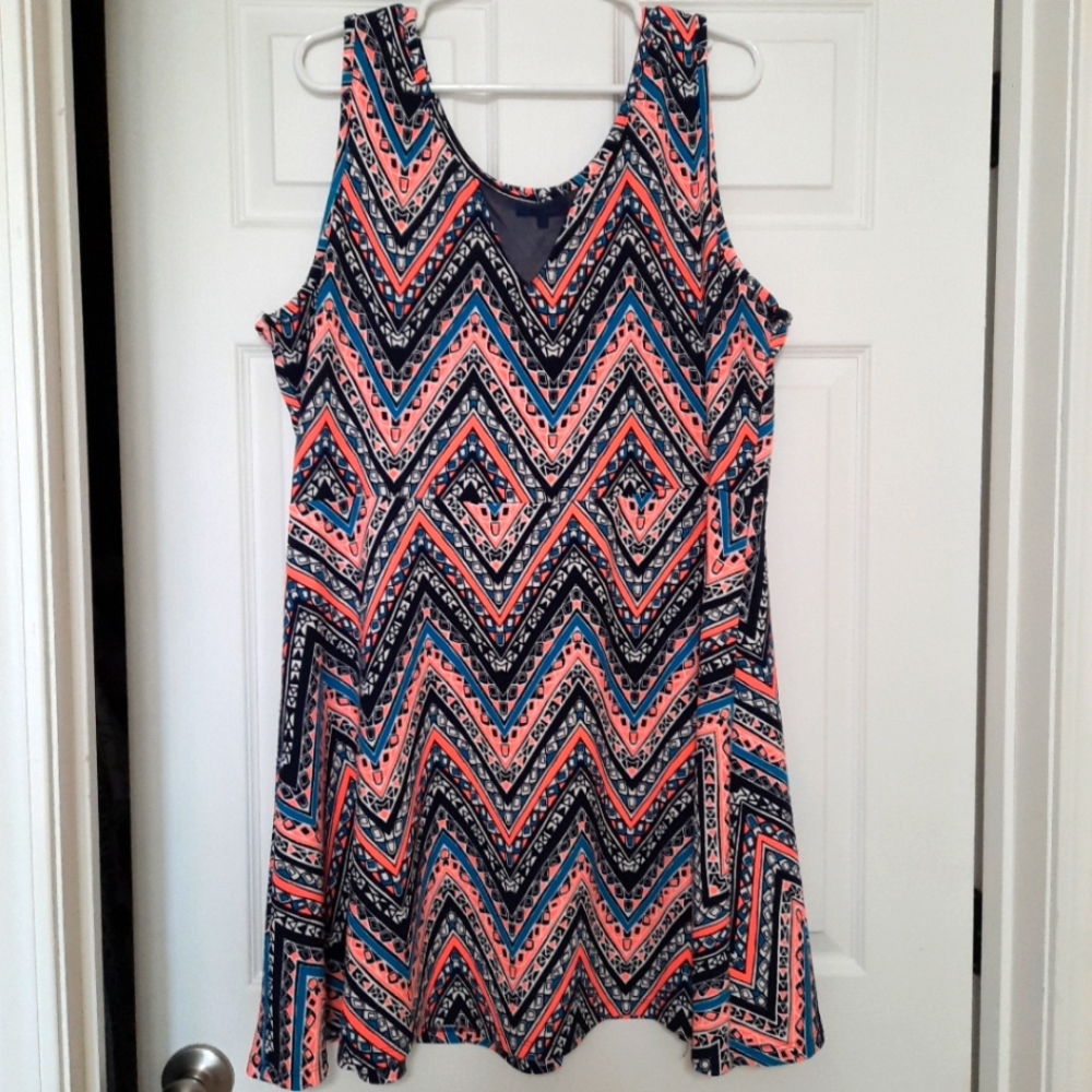 3X Chevron Pattern Black Orange Sleeveless Pullover Tank Dress